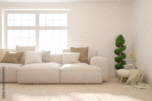 Soft color living room with sofa. Scandinavian interior design. 3D illustration