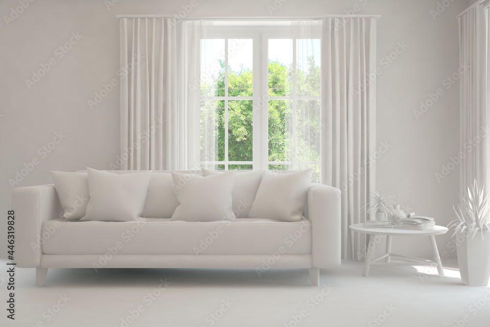 Mock up of stylish room in white color with sofa and green landscape in window. Scandinavian interior design. 3D illustration Mock up of stylish room in white color with sofa and green landscape in window. Scandinavian interior design. 3D illustration