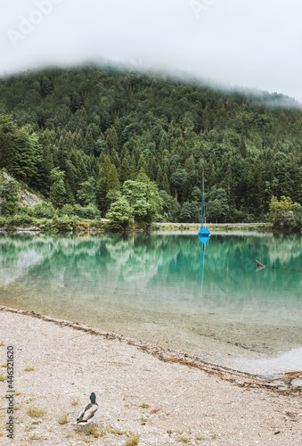 Morning on the lake in Bavarian Alps. Sail boat. Clouds in mountains, Germany. Beautiful landscape with reflection in calm water. Outdoor relaxing photo.