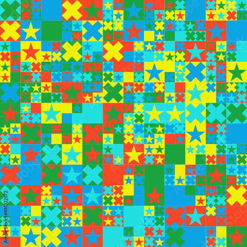 Patrón geométrico abstracto de estrellas y cruces en colores alegres