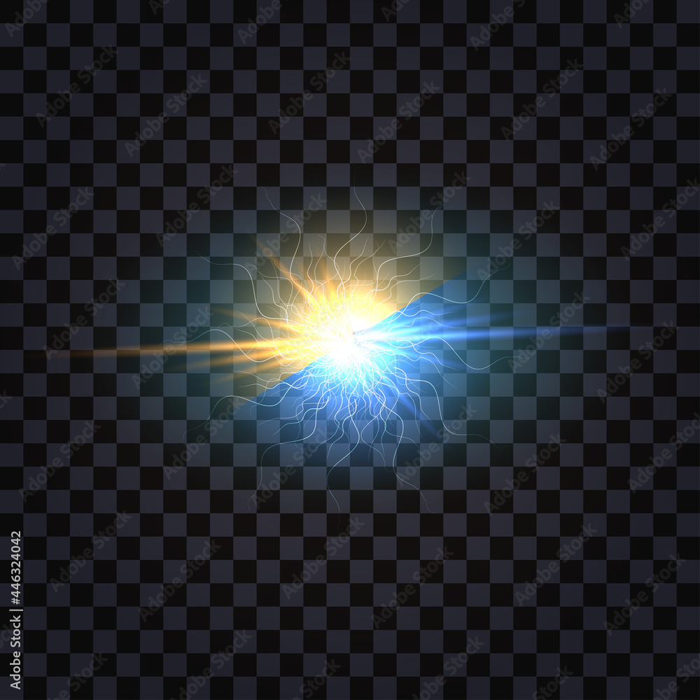 Electric light flash effect, blue vs yellow color explosion. Electrical discharge shock burst with glowing beams. Isolated on transparent background. Vector illustration Electric light flash effect, blue vs yellow color explosion. Electrical discharge shock burst with glowing beams. Isolated on transparent background. Vector illustration