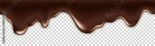 Chocolate melted drip wave. Flowing hot milk chocolate. Dark brown smooth creamy texture, splash dripping dessert glaze. Seamless patern on transparent background. Vector illustration
