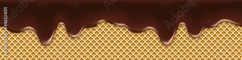 Melted chocolate drip on waffle texture. Liquid flowing hot milk chocolate cream syrup and wafer background, sweet dessert vector illustration