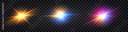 Electric light flash effect, Set of colorful glowing explosions  Electrical discharge shock burst with glowing beams.  Isolated on transparent background. Vector illustration