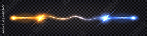 Electric discharge effect. Blue vs yellow electricity clash impulse. Lightning thunder bolt, electricity shock flash, light burst. Power battle with line wire connection. Vector illustration