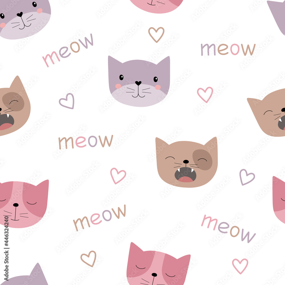Colorful cute cats and hearts. Seamless pattern. Suitable for background, printing on fabric, wallpaper, wrapping paper. Vector illustration Colorful cute cats and hearts. Seamless pattern. Suitable for background, printing on fabric, wallpaper, wrapping paper. Vector illustration