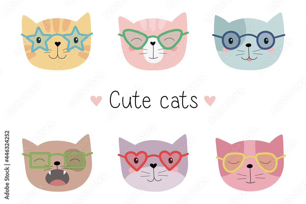 A set of cute cats in colorful glasses. Hand drawn cat heads. Vector illustration A set of cute cats in colorful glasses. Hand drawn cat heads. Vector illustration