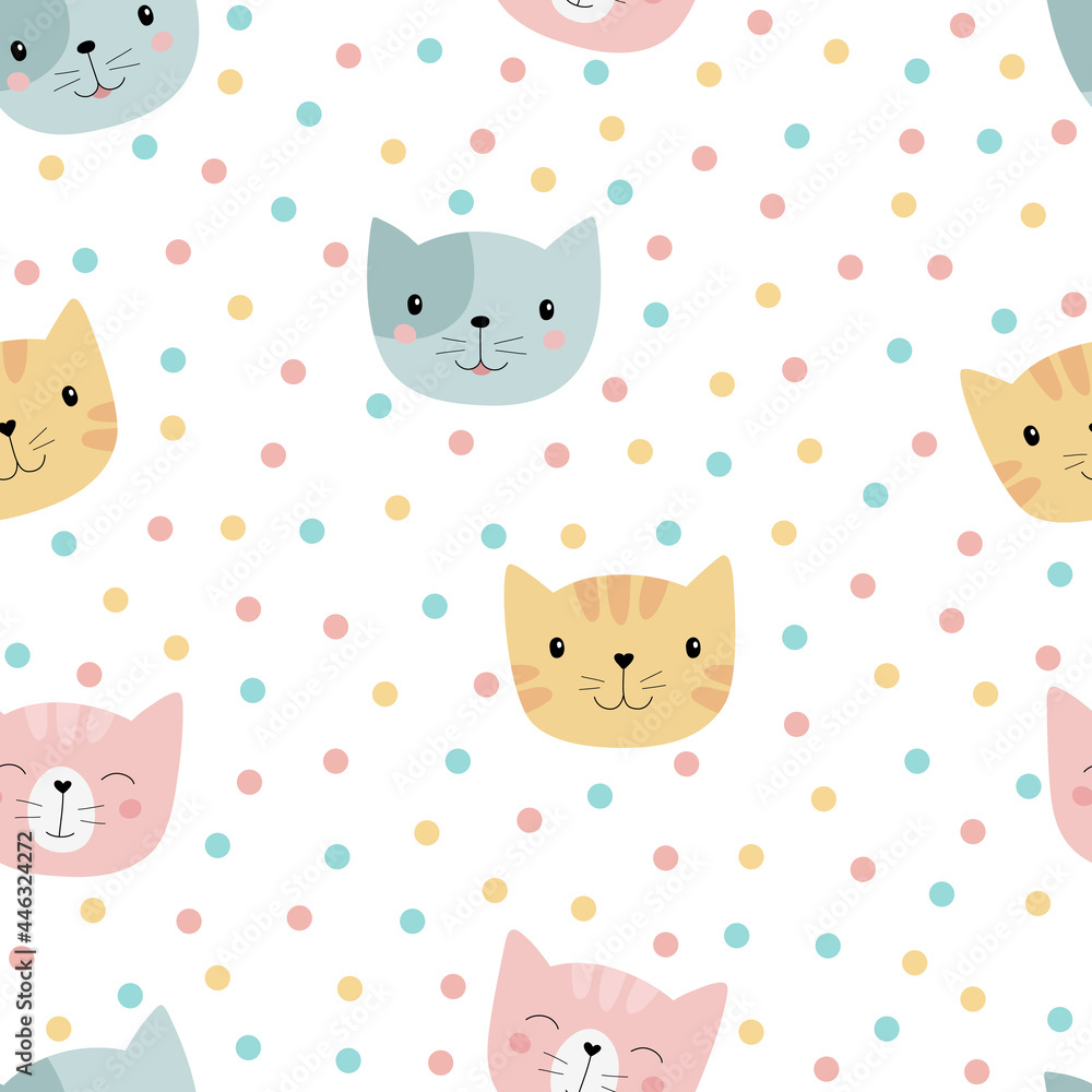 Cute cartoon cats. Seamless pattern. Pink, blue, yellow cats on a background of dots. Vector illustration.