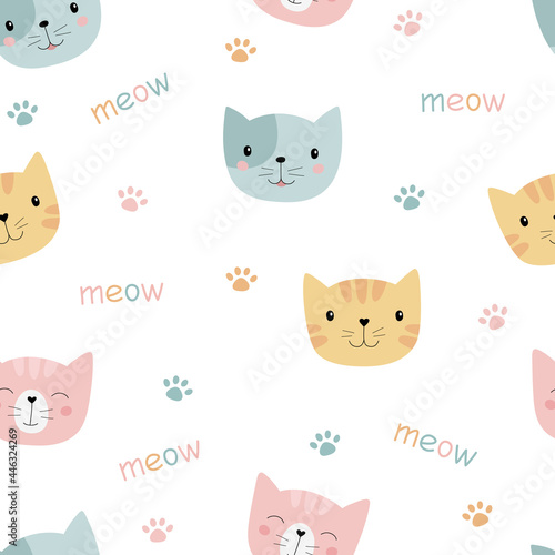 Colorful cute cats. Seamless pattern. Suitable for background, printing on fabric, wallpaper, wrapping paper. Vector illustration