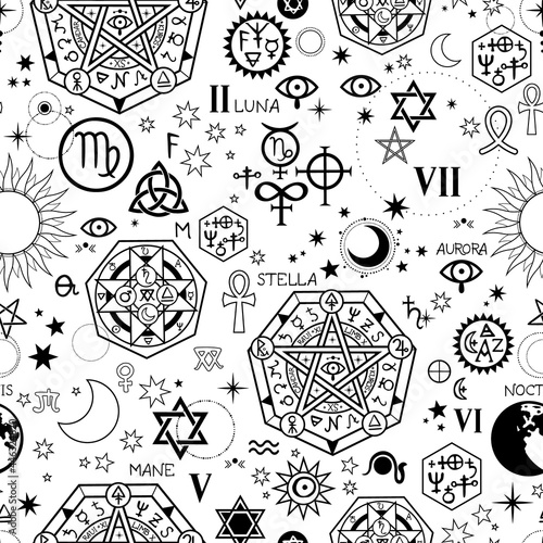 seamless pattern with different alchemical elements