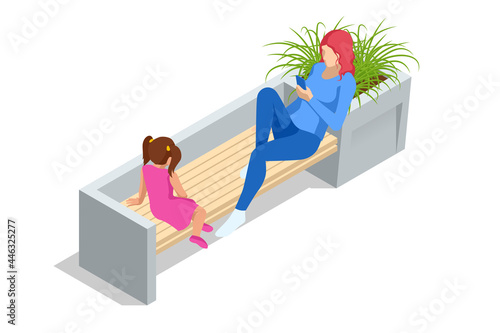 Isometric eco modern street bench vector for web design isolated on white. A modern bench with a flower bed in a city park. City improvement, urban planning, public spaces.