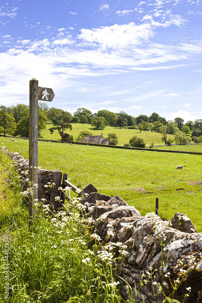 A public footpath on the Cotswolds near Stowell, Gloucestershire UK