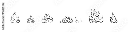 Fire doodle collection, flame emblem in hand drawn scribble style, blazing bonfire icon set.