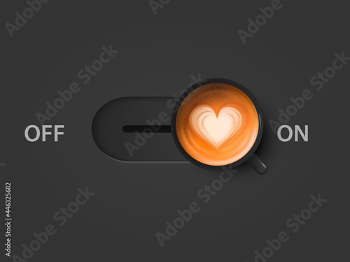 Concept Creative Banner. Vector 3d Realistic Off and On Switch with Milk Foam Coffee in Black Mug on Black Background. Capuccino, Latte. Heart Pattern. Design Template. Top View photo