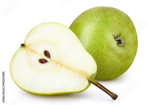 Pear and half avocado on white background