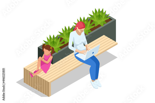 Isometric eco modern street bench vector for web design isolated on white. A modern bench with a flower bed in a city park. City improvement, urban planning, public spaces.