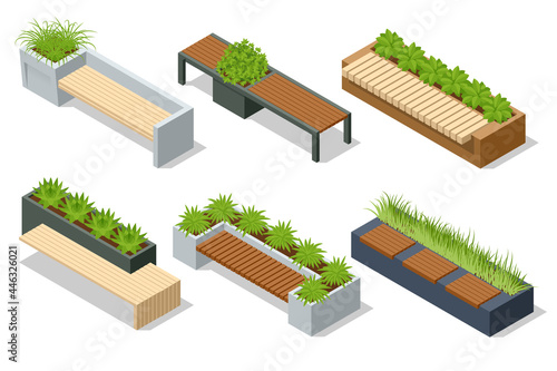 Isometric icons set of eco modern street bench vector for web design isolated on white. A modern bench with a flower bed in a city park. City improvement, urban planning, public spaces.