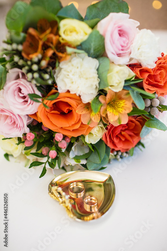 beautiful wedding details  rings  bouquet