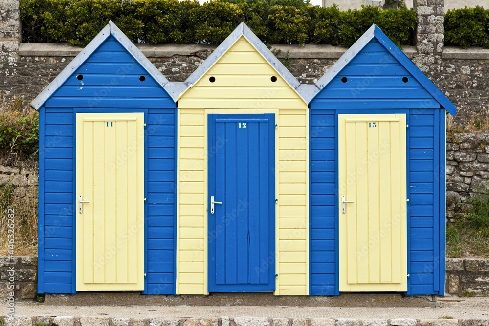 Beach huts at Le Lerio, Ile aux Moines, Gulf of Morbihan, Brittany, France