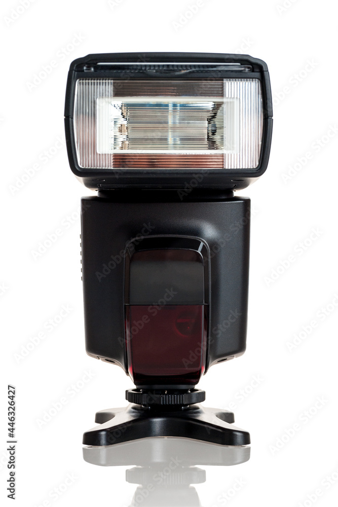 On-camera flash, pulsed light for studio shooting, remote control, synchronization, isolated on a white background On-camera flash, pulsed light for studio shooting, remote control, synchronization, isolated on a white background