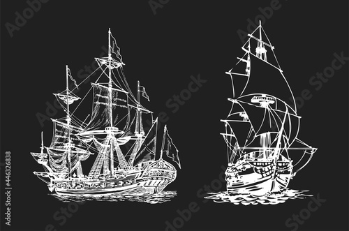 Sailing Ship, graphic hand Drawing. Sea or river transport, an isolated object. Vector