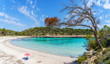 Landscape with beach and turquoise sea water on Cala Mondrago, Majorca island, Spain