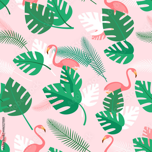 Seamless pattern with tropical plants and pink flamingos. Summer background with green palm leaves. Simple wallpaper, vector