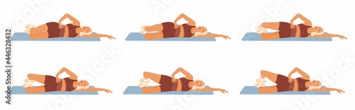 Young adult woman doing the side lying clam exercise for the Hip. Step by step Vector Instructions how to do the Kegel exercise or Yoga. Trendy hand-drawn cartoon vector flat illustration