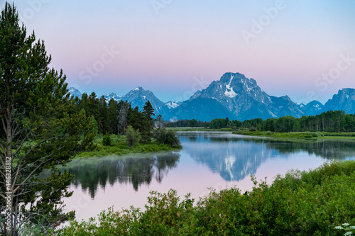 Oxbow Bend at Grand Teton National Park, during a colorful pink sunrise in Wyoming