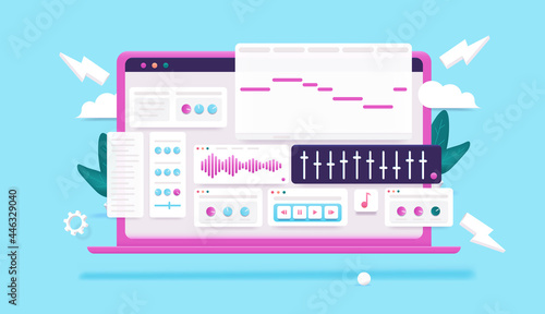 Music software user interface on computer screen - Laptop with digital audio workstation elements. Electronic music and audio creation concept, vector illustration