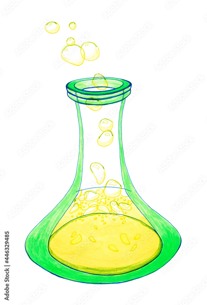 A transparent alchemical vessel filled with a bubbling golden liquid. It can be a magic potion or a chemical solution. A graceful flask is a separate art form, an elite glassware for special occasions A transparent alchemical vessel filled with a bubbling golden liquid. It can be a magic potion or a chemical solution. A graceful flask is a separate art form, an elite glassware for special occasions
