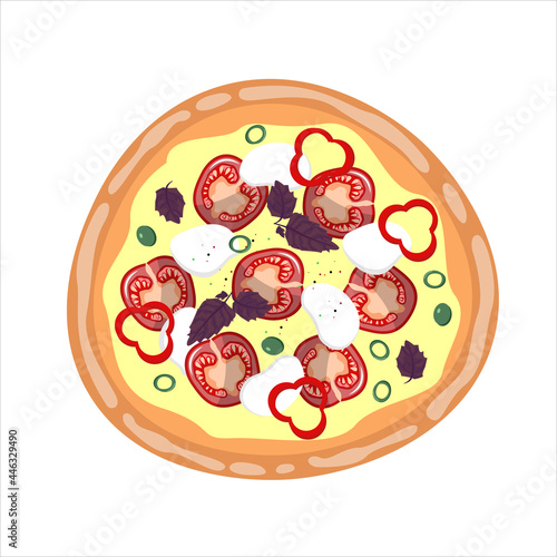 Pizza margarita with tomatoes and mozzarella top view on white background. basil, olives, pepper. Flat design, isolated.