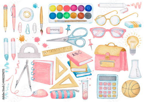 Set. School supplies: textbooks, paints, rulers, pencils, etc. Pastel colors. The image is hand-drawn in watercolor and isolated on a white background. © Елена Полумордвинова