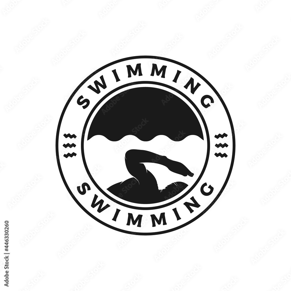 Swimming Sport Stamp Sticker Emblem Label logo design template Swimming Sport Stamp Sticker Emblem Label logo design template