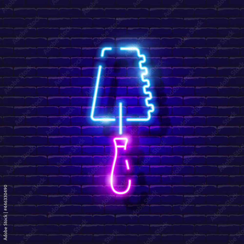 Notched trowel neon icon. Vector illustration for design. Repair tool glowing sign. Construction tools concept. Notched trowel neon icon. Vector illustration for design. Repair tool glowing sign. Construction tools concept.