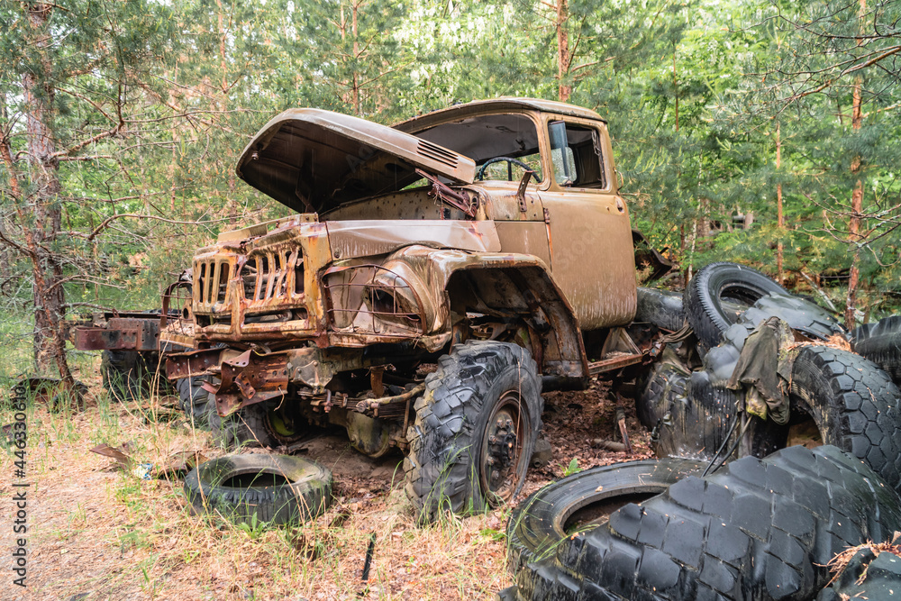 Abandoned decaying truck in the Chernobyl Exclusion zone near Pripyat, Ukraine