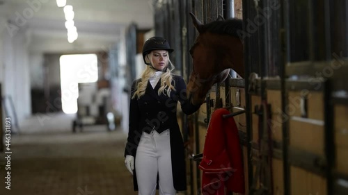 beautiful blonde horsewoman in stable with stallion, looking at camera and walking confidently