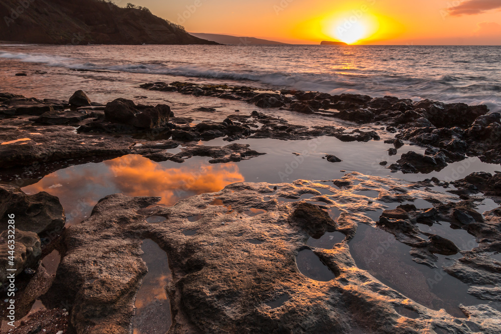 Sunset on The Exposed Lava Reef of Oneuli Beach, Makena State Park, Maui, Hawaii, USA