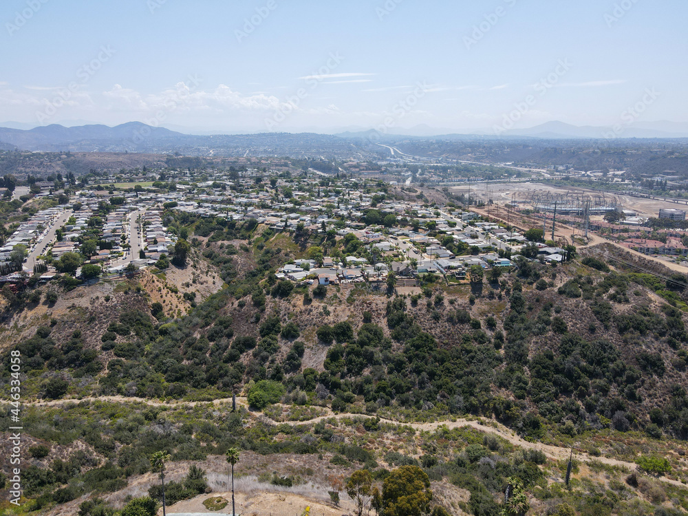 Aerial view of Mission City and Serra Mesa in San Diego County, California, USA
