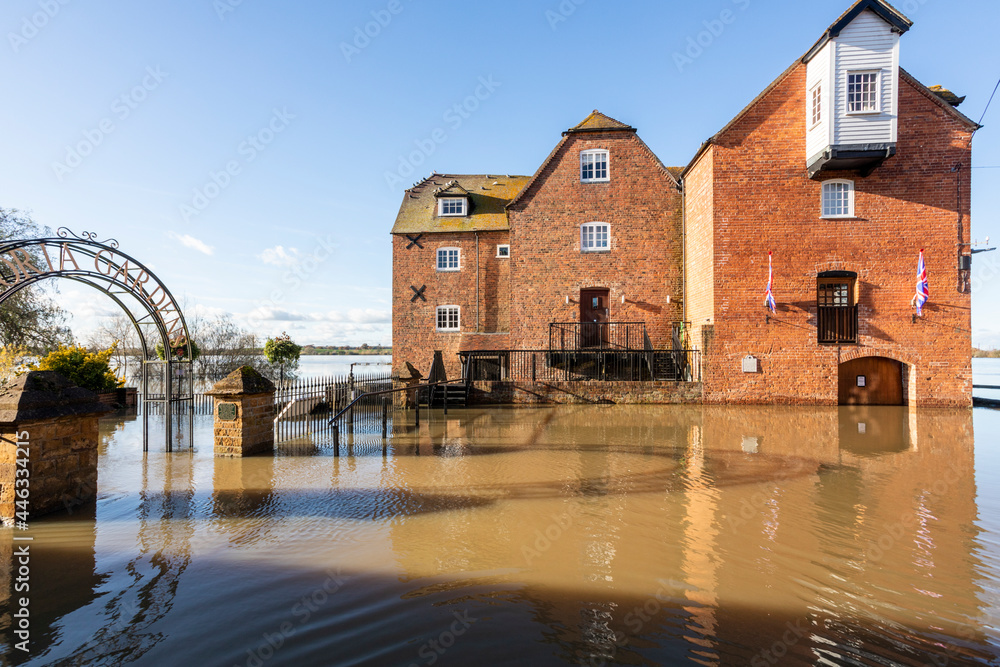 Abel Fletchers Mill surrounded by floodwater from the River Avon on 18/11/2019 at Tewkesbury, Gloucestershire UK