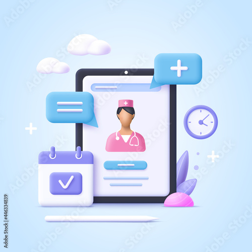 Concept of online consultation doctor. Online medicine, healthcare, medical diagnostics.  3d realistic vector illustration.