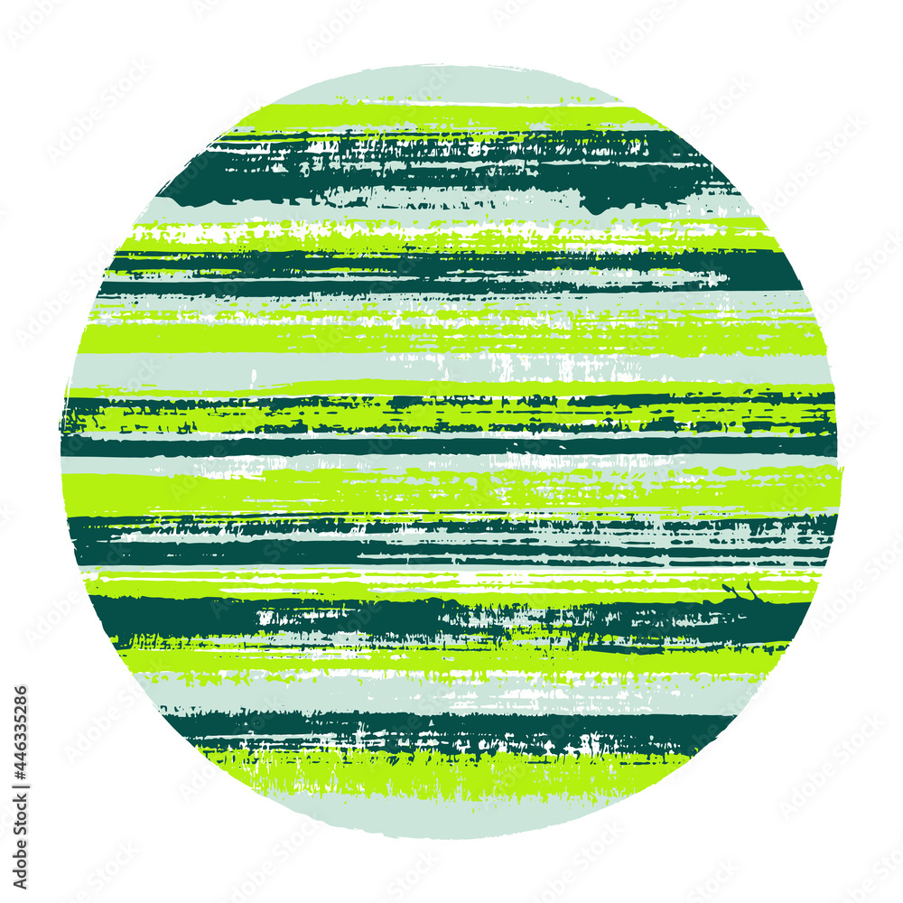 Abstract circle vector geometric shape with striped texture of ink horizontal lines. Disk banner with old paint texture. Emblem round shape logotype circle with grunge background of stripes.