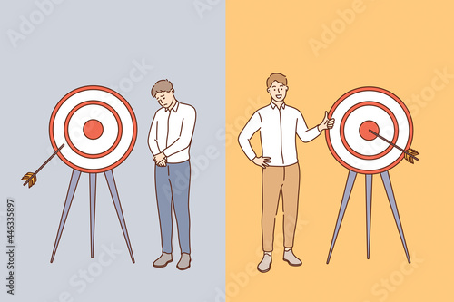Business success and failure concept. Young smiling positive and sad disappointed businessmen cartoon characters standing near crossbow feeling different about reaching goals vector illustration 