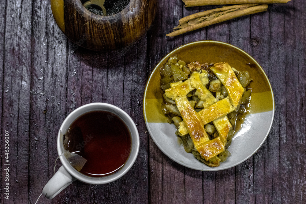 apple cake with tea. BREAKFAST apple cake with tea. BREAKFAST