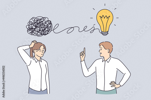 Proactive and reactive thinking, chaos and order in mind concept. Business people standing discussing work using creativity solving messy information to creative great idea together 