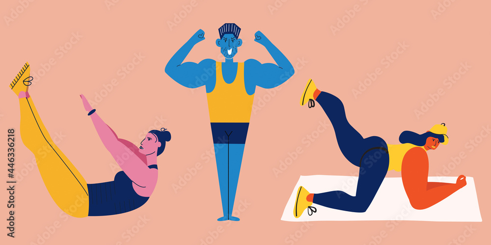 Bodybuilders. Man and women in sports training. Muscular characters. Vector illustration Bodybuilders. Man and women in sports training. Muscular characters. Vector illustration