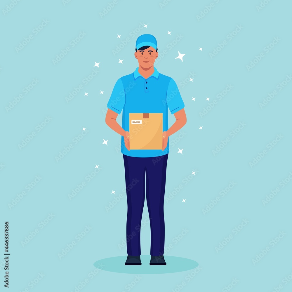 Delivery man with carton box in hands. Courier in cap with parcel. Vector design Delivery man with carton box in hands. Courier in cap with parcel. Vector design