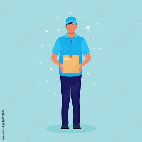 Delivery man with carton box in hands. Courier in cap with parcel. Vector design