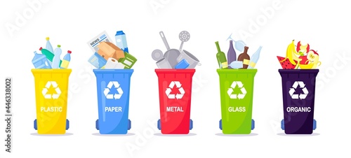 Waste collection, segregation and recycling. Garbage separated into different types and collected into waste containers. Each bin for different material. Vector illustration