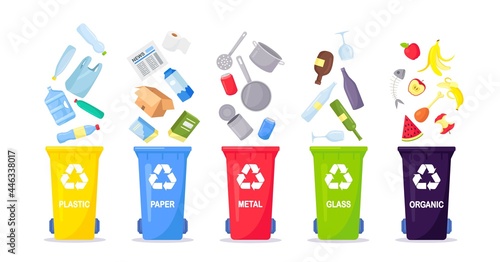 Waste collection, segregation and recycling. Garbage separated into different types and collected into waste containers. Each bin for different material. Vector illustration